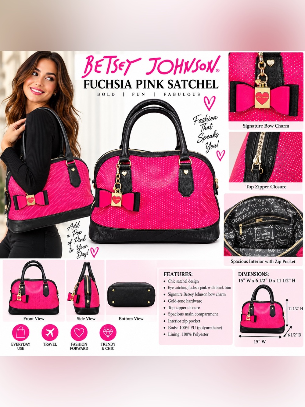 BETSEY JOHNSON SATCHEL W/CHARM PINK & BLACK (NEW WITH TAGS) A28